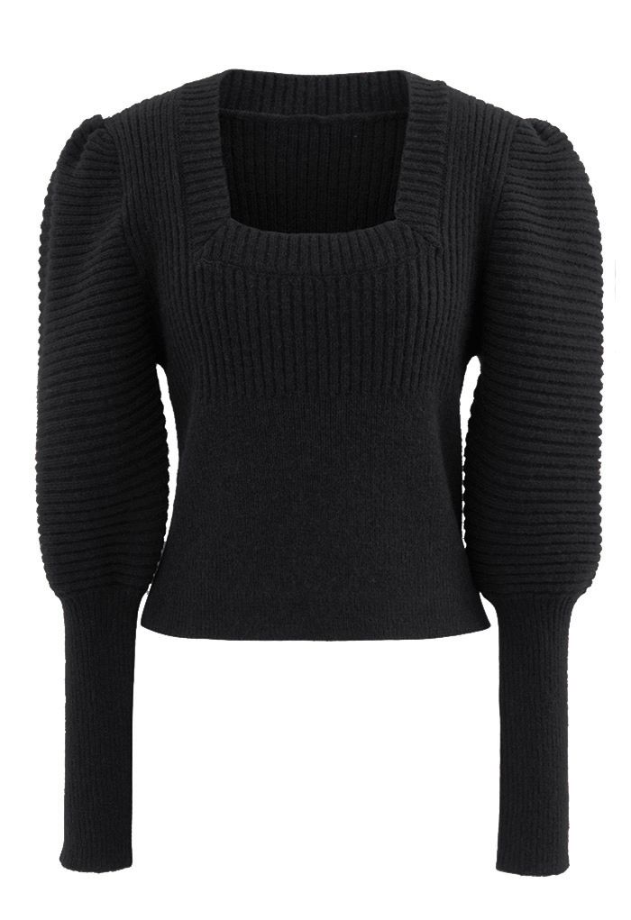 Square Neck Puff Sleeve Crop Knit Top in Black - Retro, Indie and ...