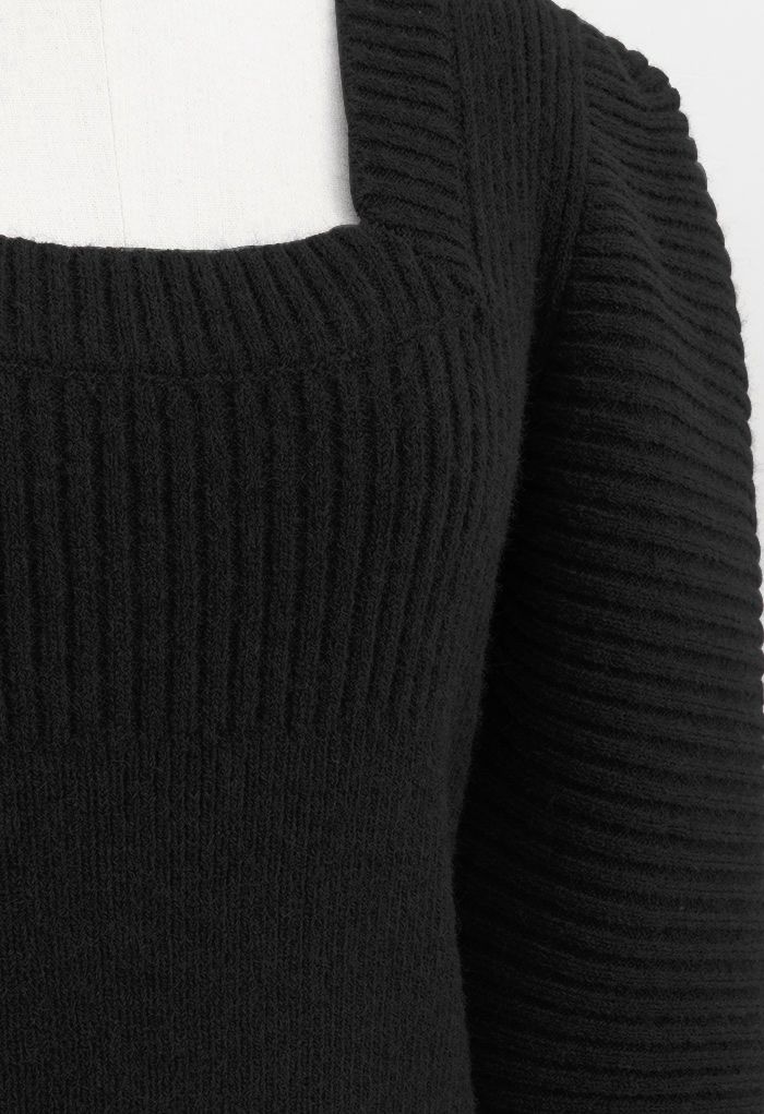 Square Neck Puff Sleeve Crop Knit Top in Black