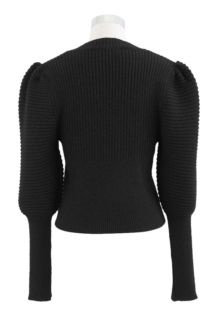 Square Neck Puff Sleeve Crop Knit Top in Black