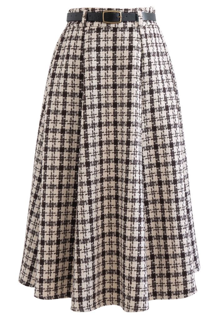 Shepherd's Check Belted Tweed Skirt in Brown - Retro, Indie and Unique ...