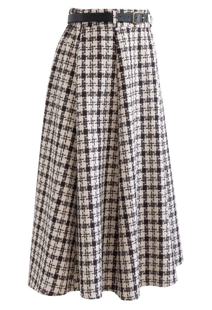 Shepherd's Check Belted Tweed Skirt in Brown - Retro, Indie and Unique ...