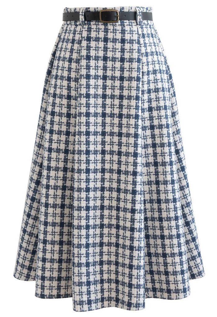 Shepherd's Check Belted Tweed Skirt in Blue
