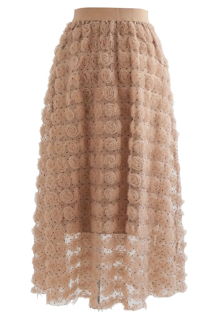 3D Rose Mesh Tulle Midi Skirt in Caramel