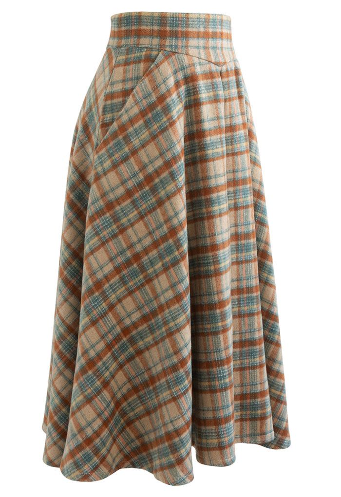 Multicolor Check Print Wool-Blend A-Line Skirt in Camel - Retro, Indie ...