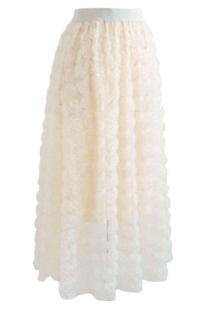 3D Rose Mesh Tulle Midi Skirt in Cream