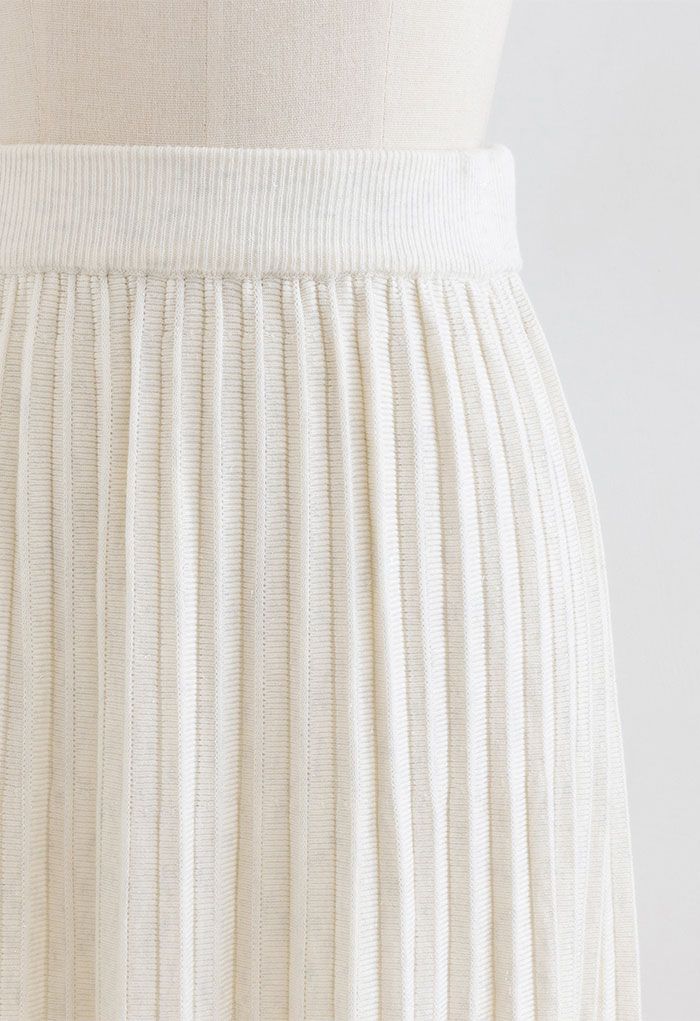 Shimmer Knit Pleated Midi Skirt in Cream
