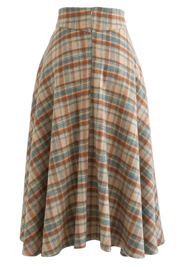 Multicolor Check Print Wool-Blend A-Line Skirt in Camel - Retro, Indie ...