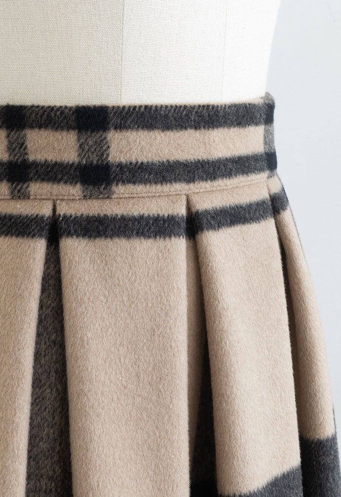 Grid Print Wool-Blend Pleated Midi Skirt