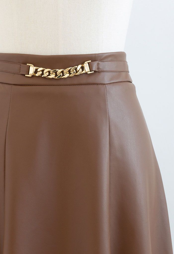 Metallic Chain Embellished Faux Leather Skirt in Caramel