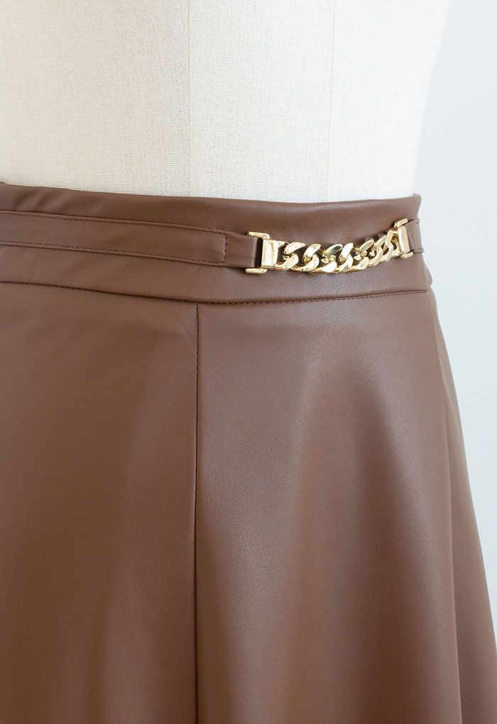 Metallic Chain Embellished Faux Leather Skirt in Caramel