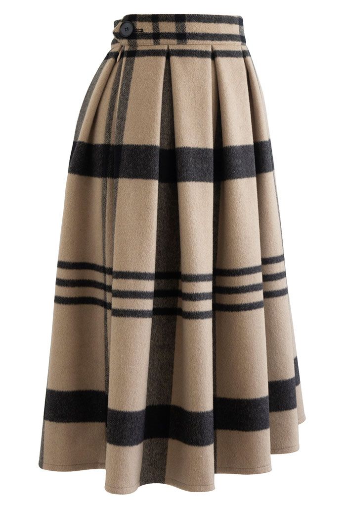 Grid Print Wool-Blend Pleated Midi Skirt - Retro, Indie and Unique Fashion