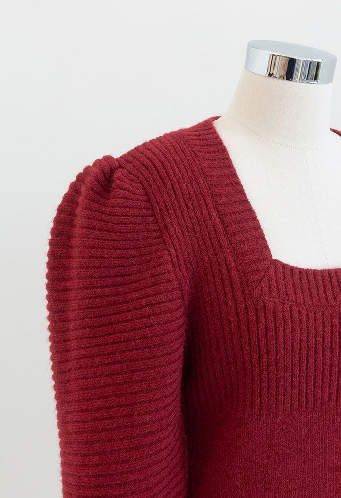 Square Neck Puff Sleeve Crop Knit Top in Red