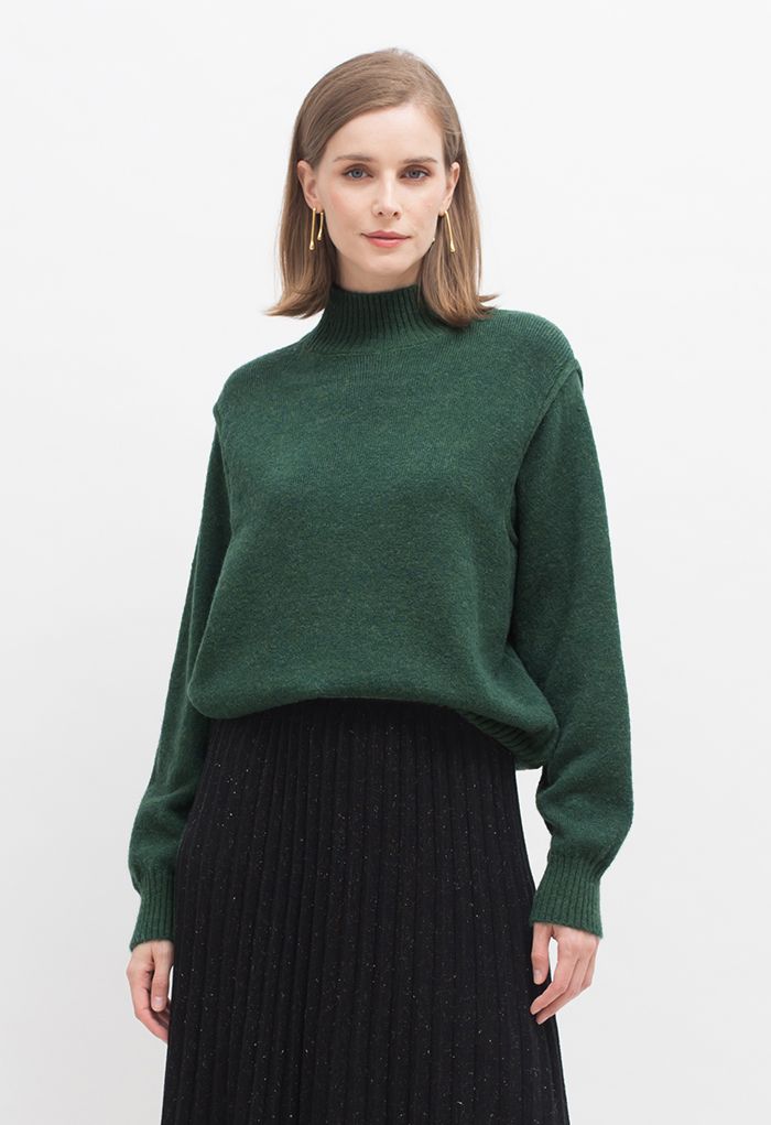 Mock Neck Comfy Knit Sweater in Dark Green