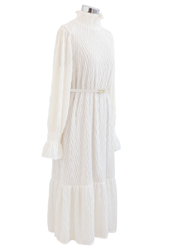 Overall Embossing Mock Neck Belted Dress in Ivory - Retro, Indie and ...