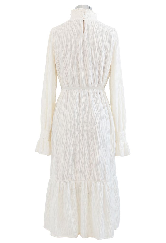 Overall Embossing Mock Neck Belted Dress in Ivory - Retro, Indie and ...