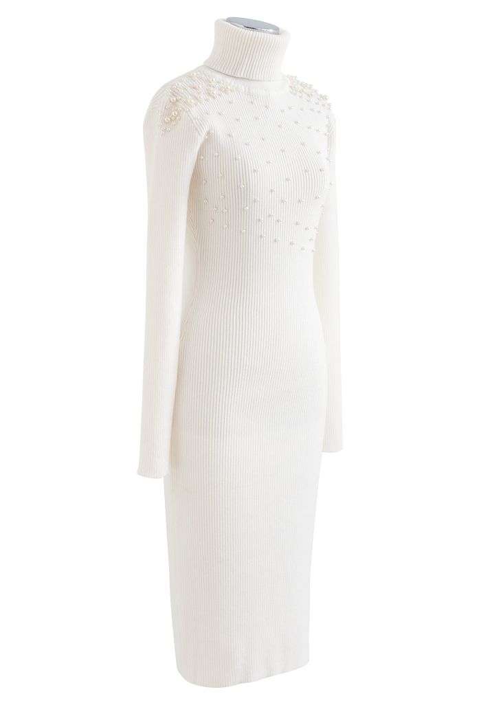 Pearl Decorated Turtleneck Bodycon Knit Dress in White - Retro, Indie ...