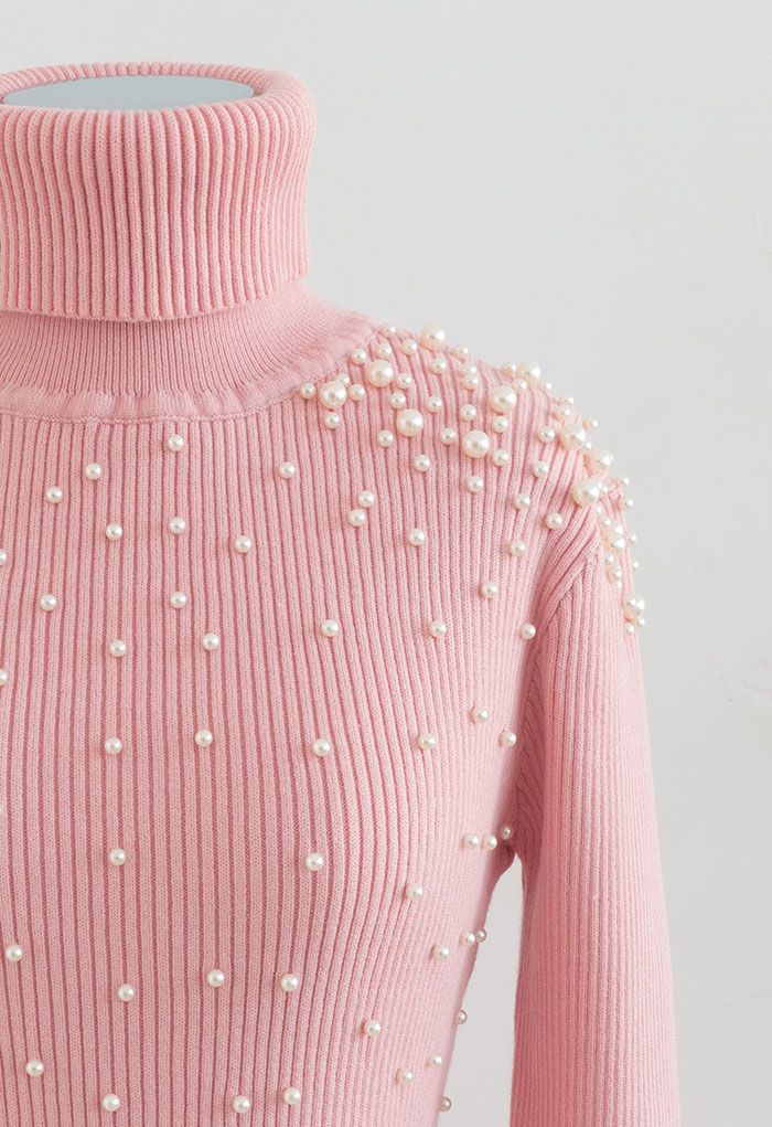 Pearl Decorated Turtleneck Bodycon Knit Dress in Pink