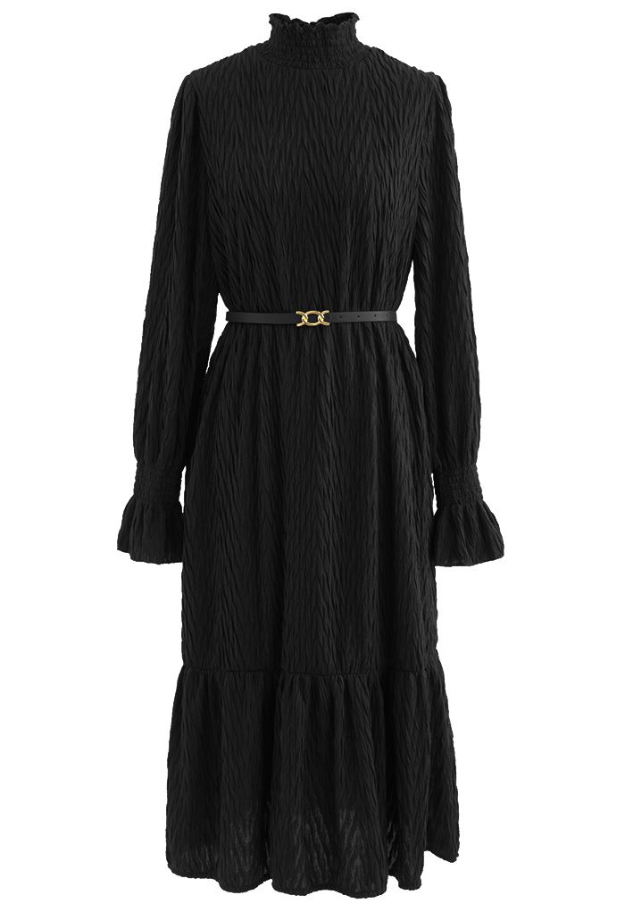 Overall Embossing Mock Neck Belted Dress in Black