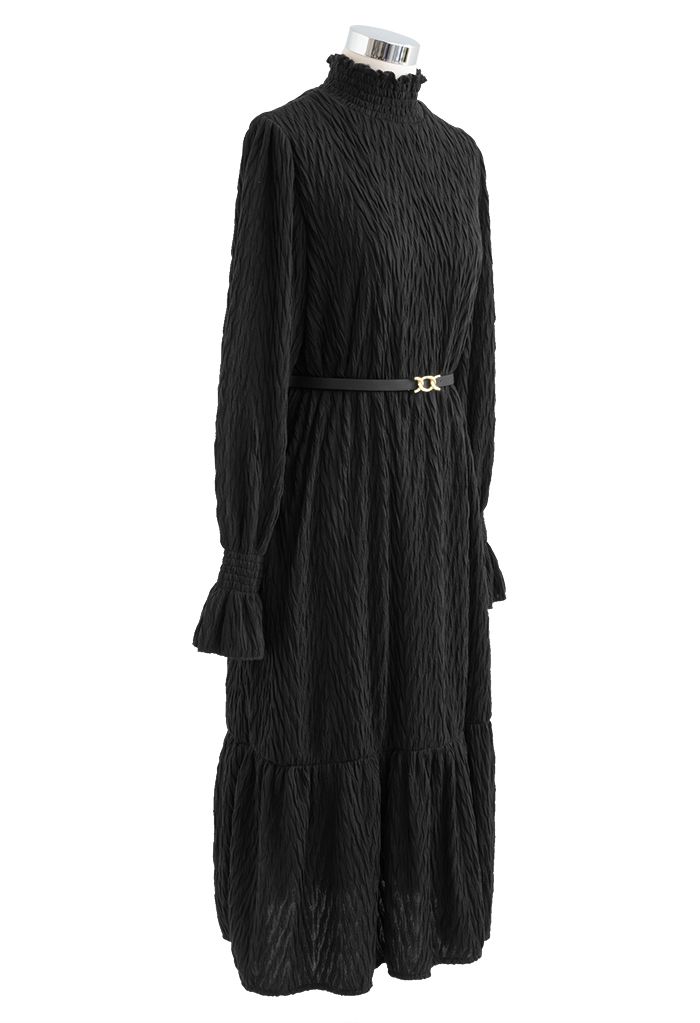 Overall Embossing Mock Neck Belted Dress in Black