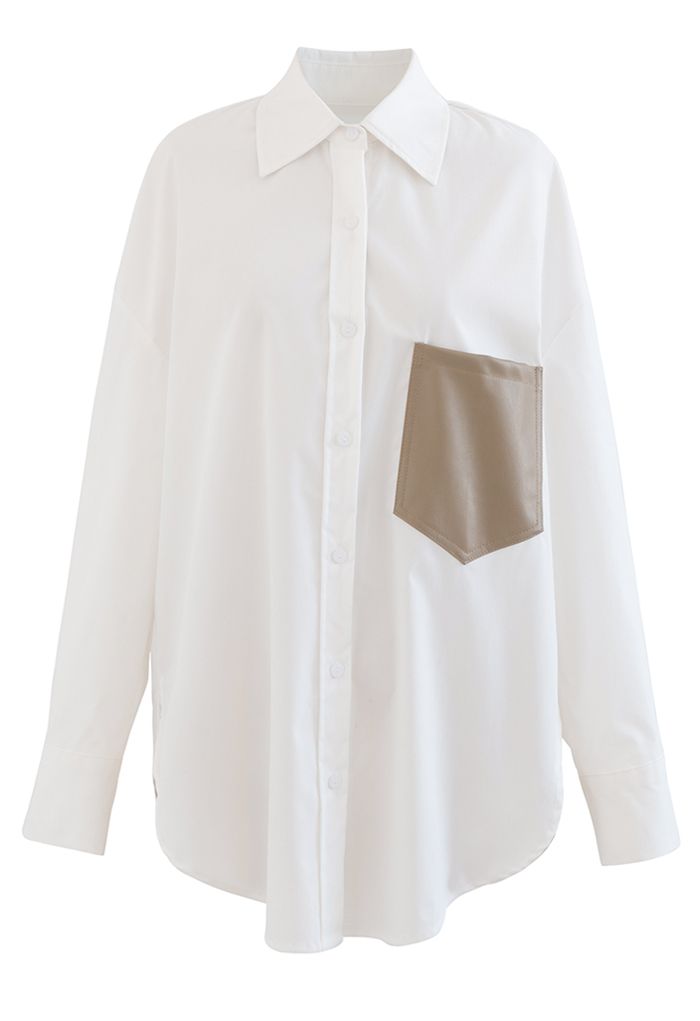 Faux Leather Pocket Button Down Shirt in White