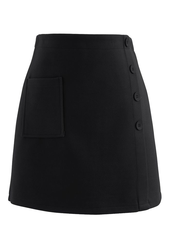 Button Decorated Wool-Blend Mini Bud Skirt in Black - Retro, Indie and ...