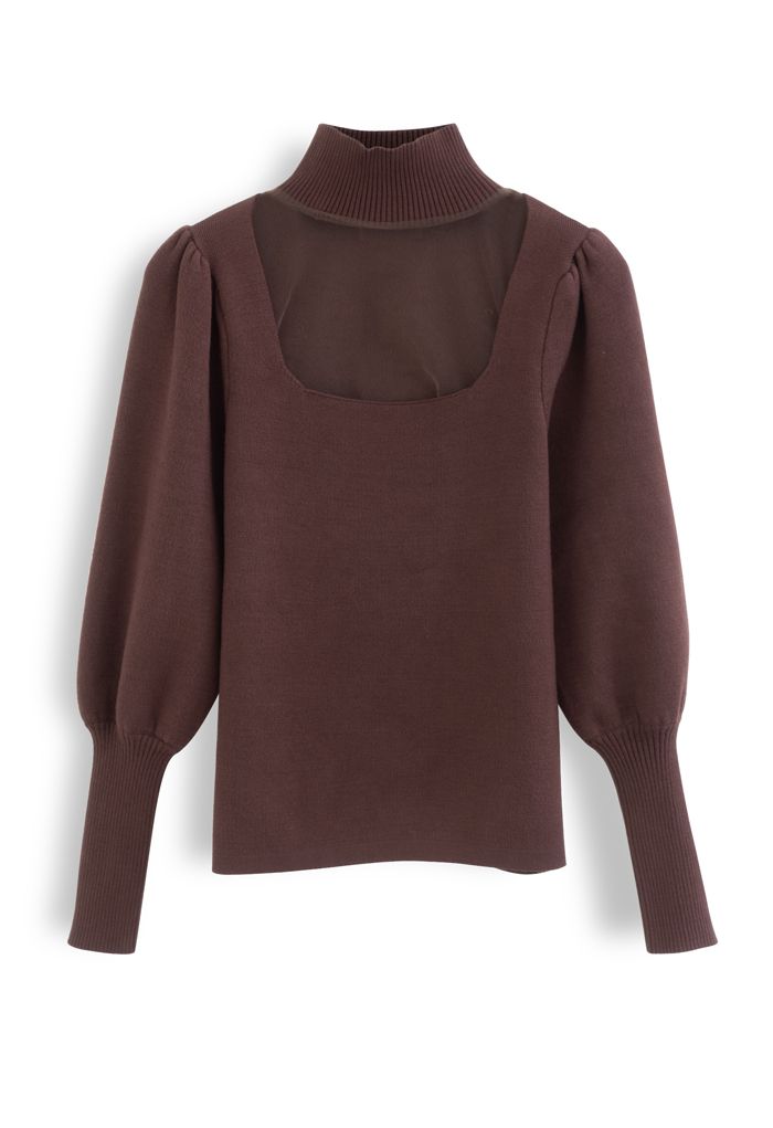 Mesh Spliced Puff Sleeve Knit Top in Brown