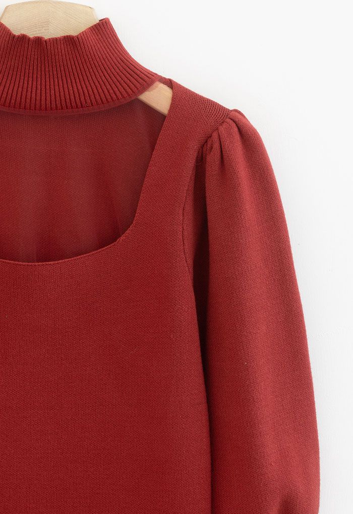 Mesh Spliced Puff Sleeve Knit Top in Red