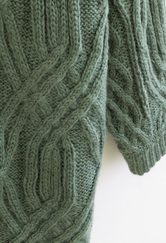 Open Front Braid Knit Cardigan in Green