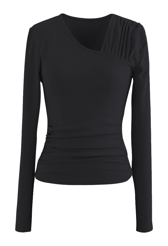 Oblique Neck Ruched Fleeced Top in Black - Retro, Indie and Unique Fashion