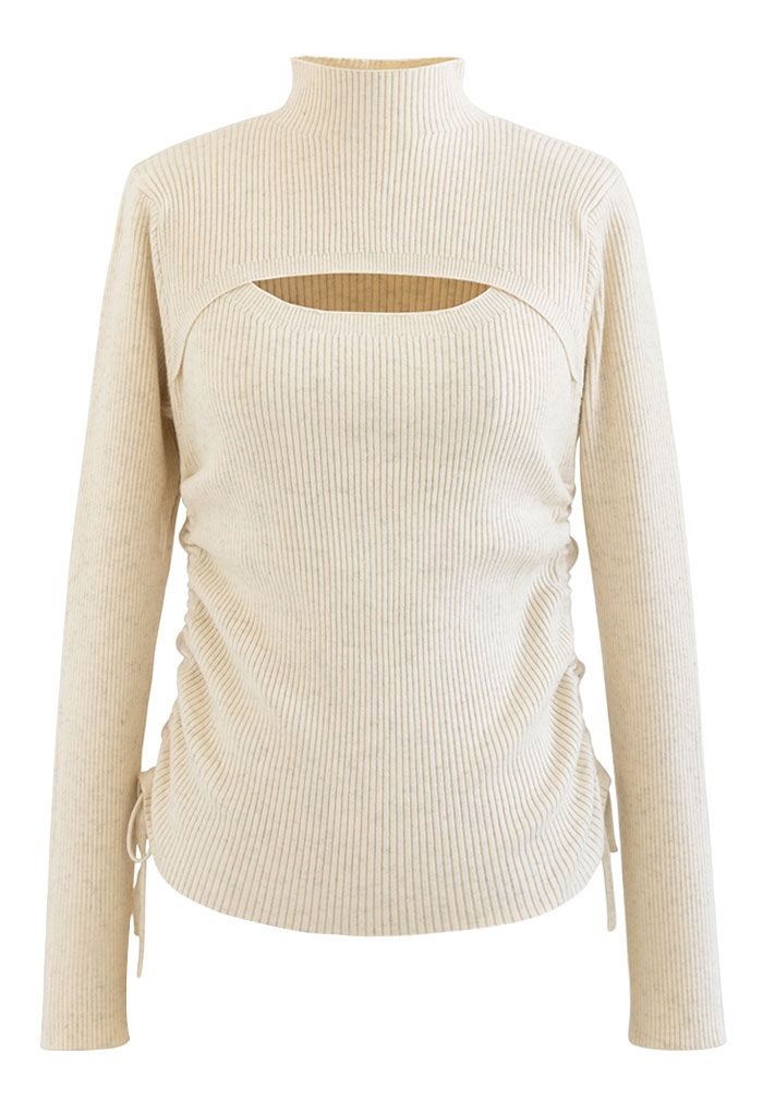 Side Drawstring Cutout Shimmer Knit Top in Sand - Retro, Indie and ...
