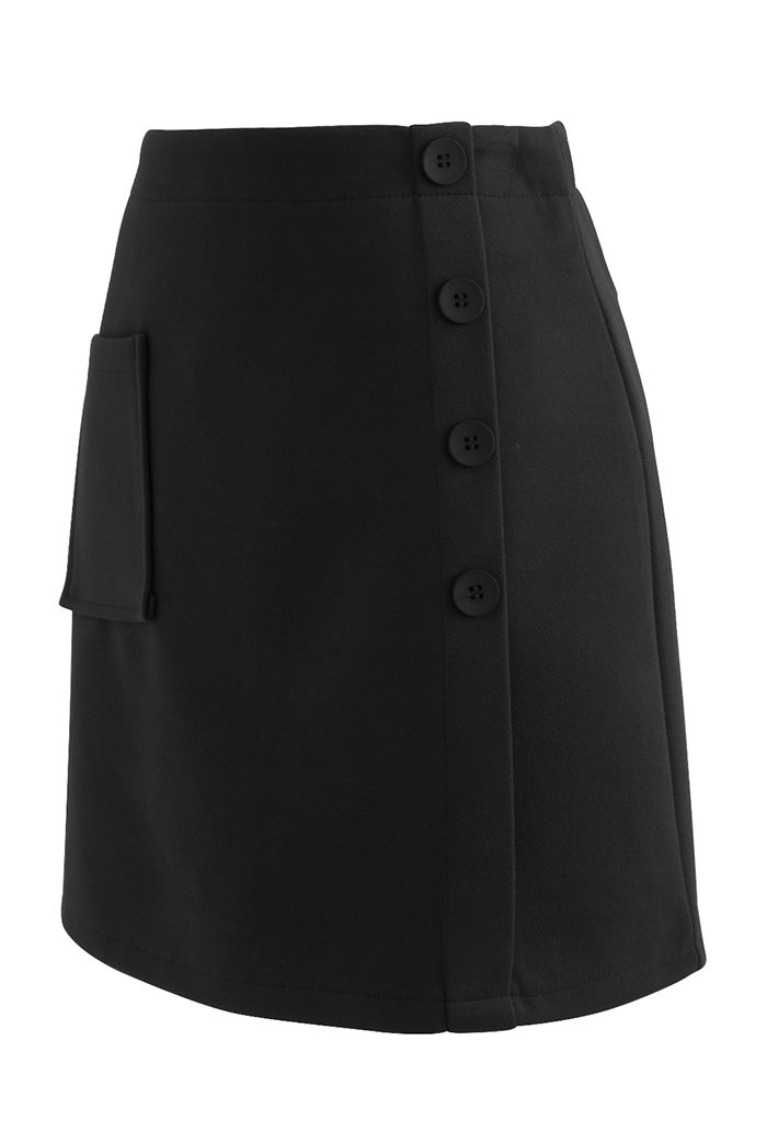 Button Decorated Wool-Blend Mini Bud Skirt in Black - Retro, Indie and ...