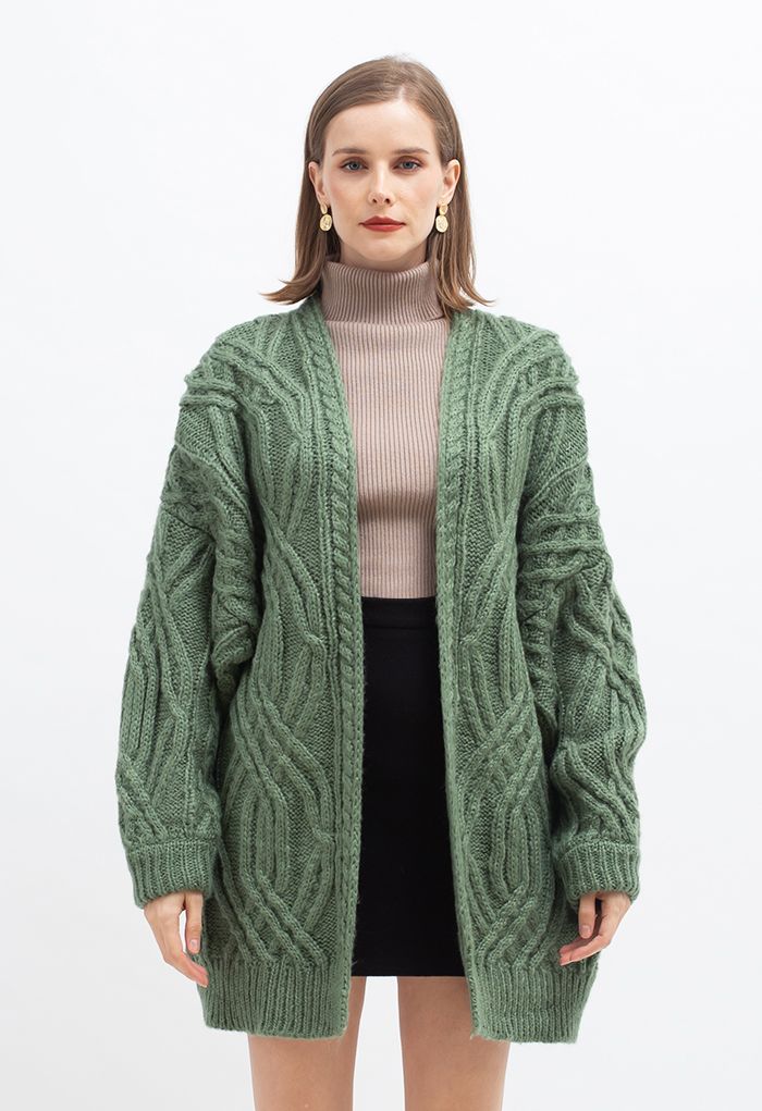 Open Front Braid Knit Cardigan in Green