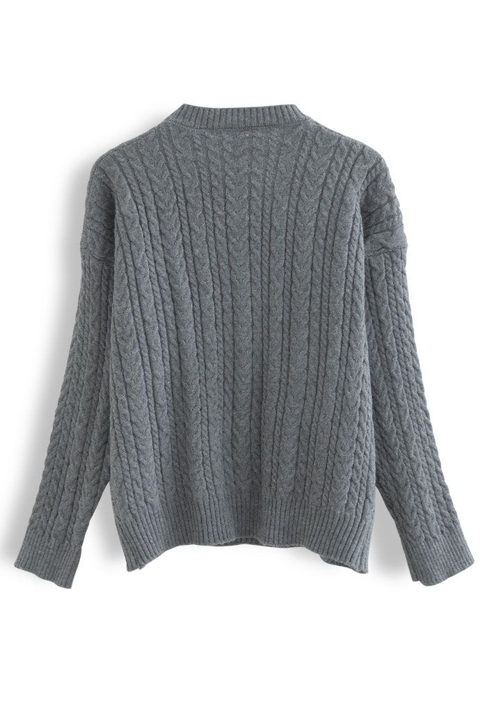 Crystal Heart Bowknot Braid Knit Sweater in Grey