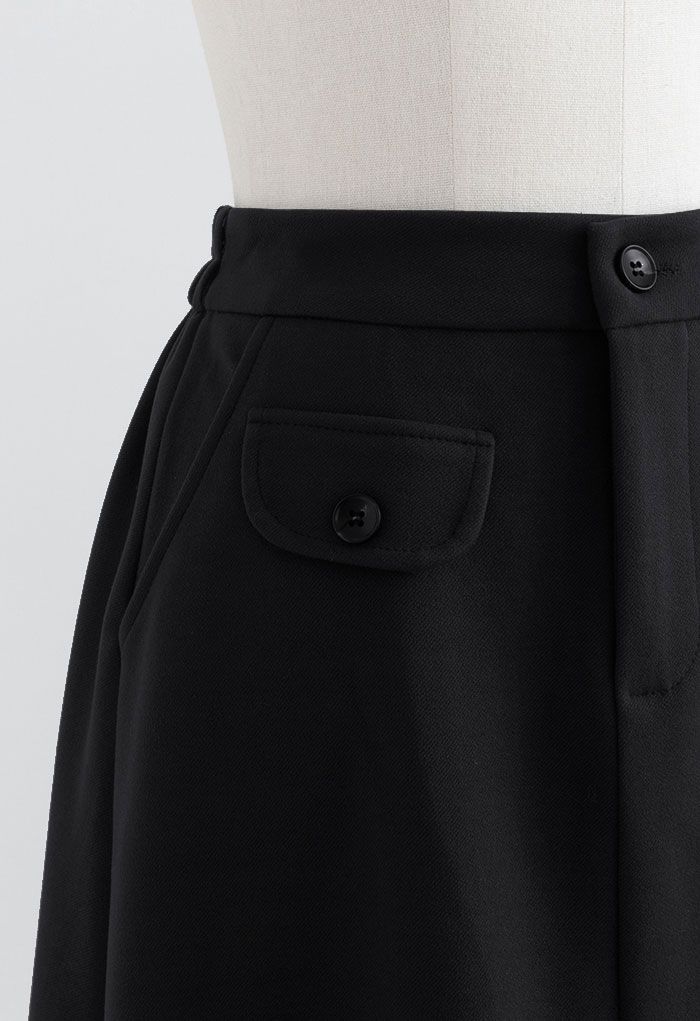 Fake Pocket Wool-Blend A-Line Skirt in Black