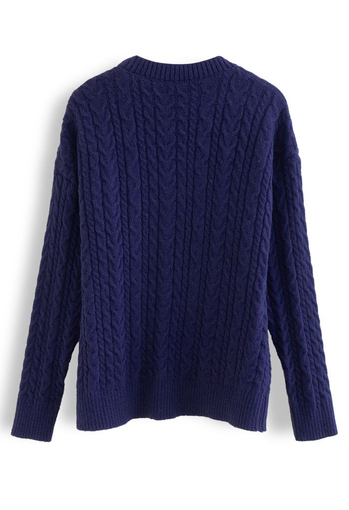 Crystal Heart Bowknot Braid Knit Sweater in Navy