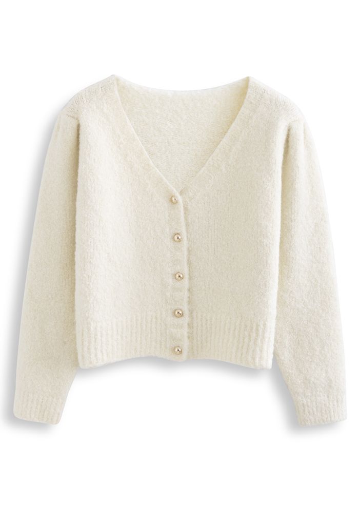 Button Front Fuzzy Knit Cardigan in Cream
