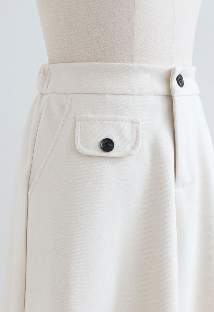 Fake Pocket Wool-Blend A-Line Skirt in Cream