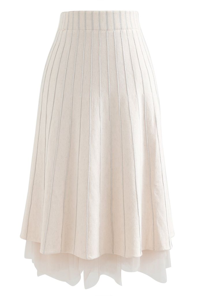 Reversible Shimmer Line Mesh Tulle Skirt in Cream