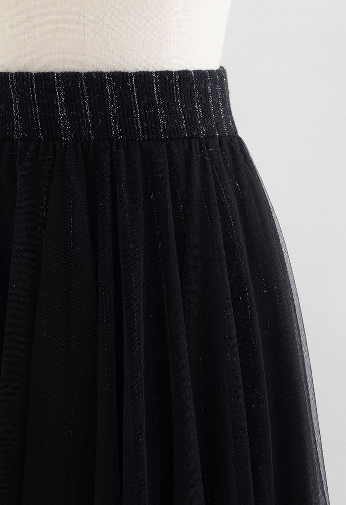 Reversible Shimmer Line Mesh Tulle Skirt in Black