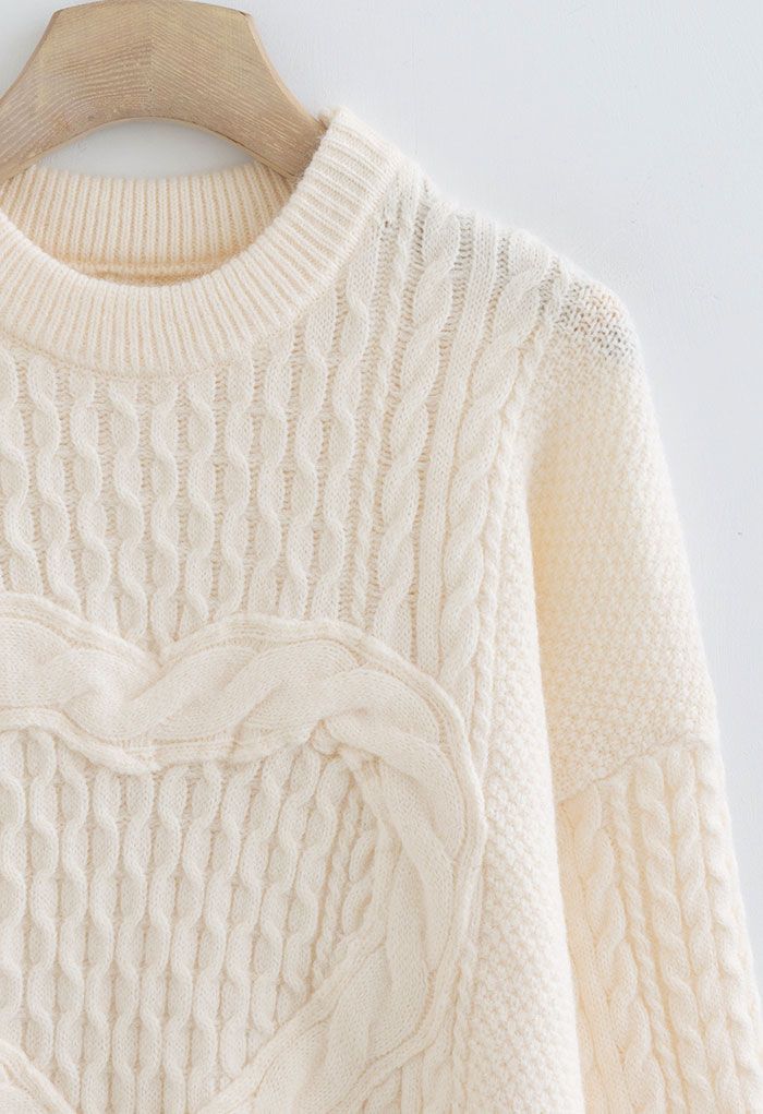 Lonely Heart Cable Knit Sweater in Cream