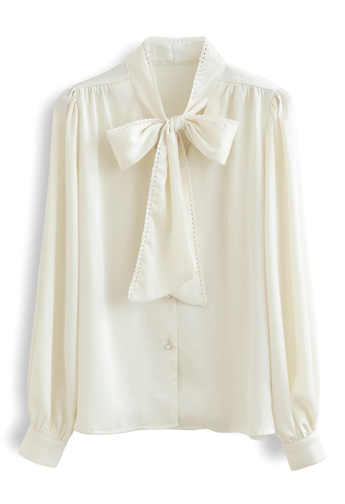 Lacy Edge Bowknot Textured Satin Top in Cream - Retro, Indie and Unique ...