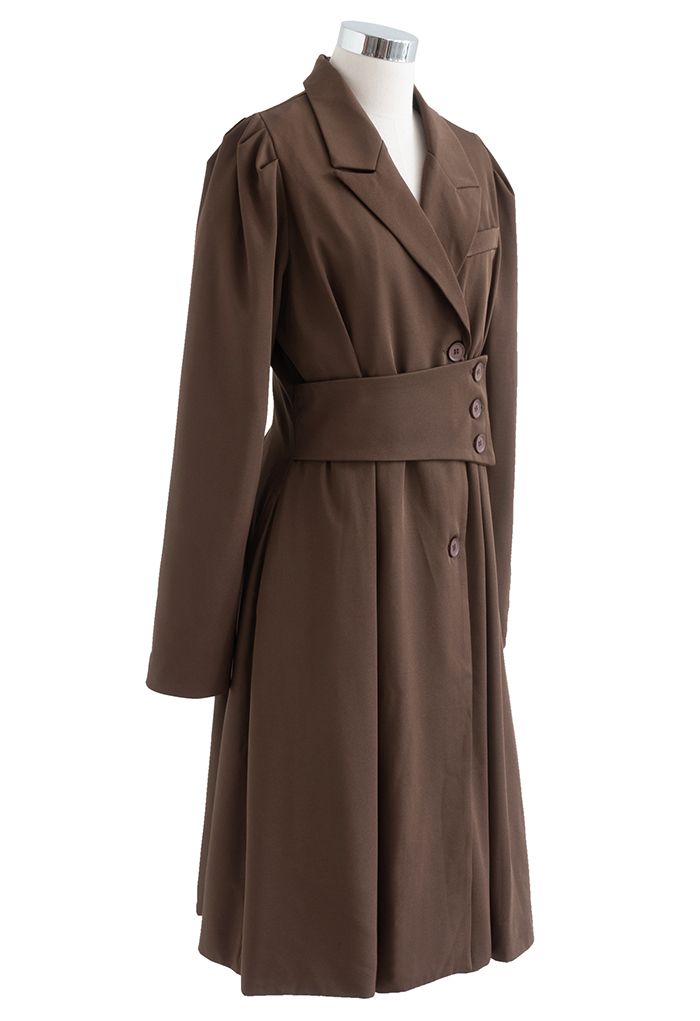 Buttoned Waist Puff Shoulder Coat Dress