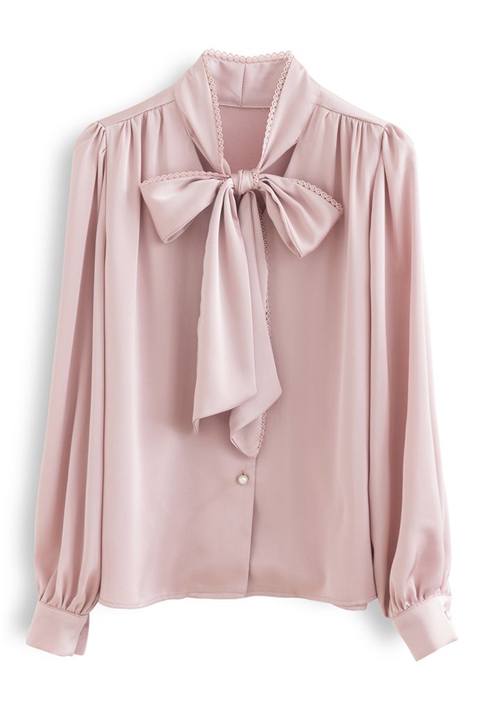 Lacy Edge Bowknot Textured Satin Top in Dusty Pink - Retro, Indie and ...
