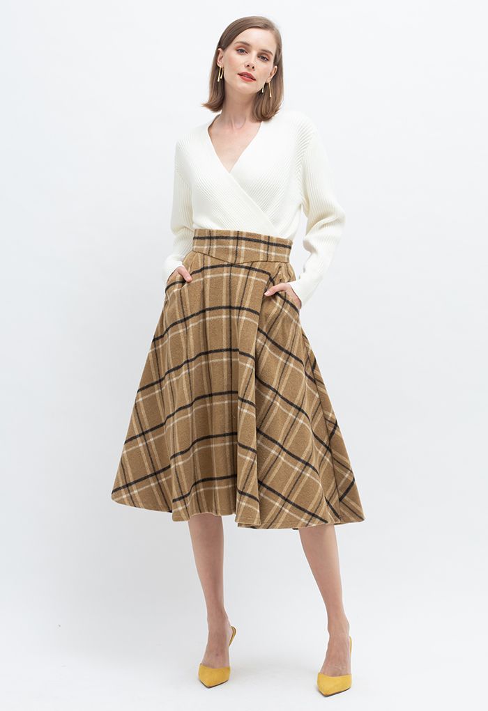 Multicolor Check Print Wool-Blend A-Line Skirt in Caramel