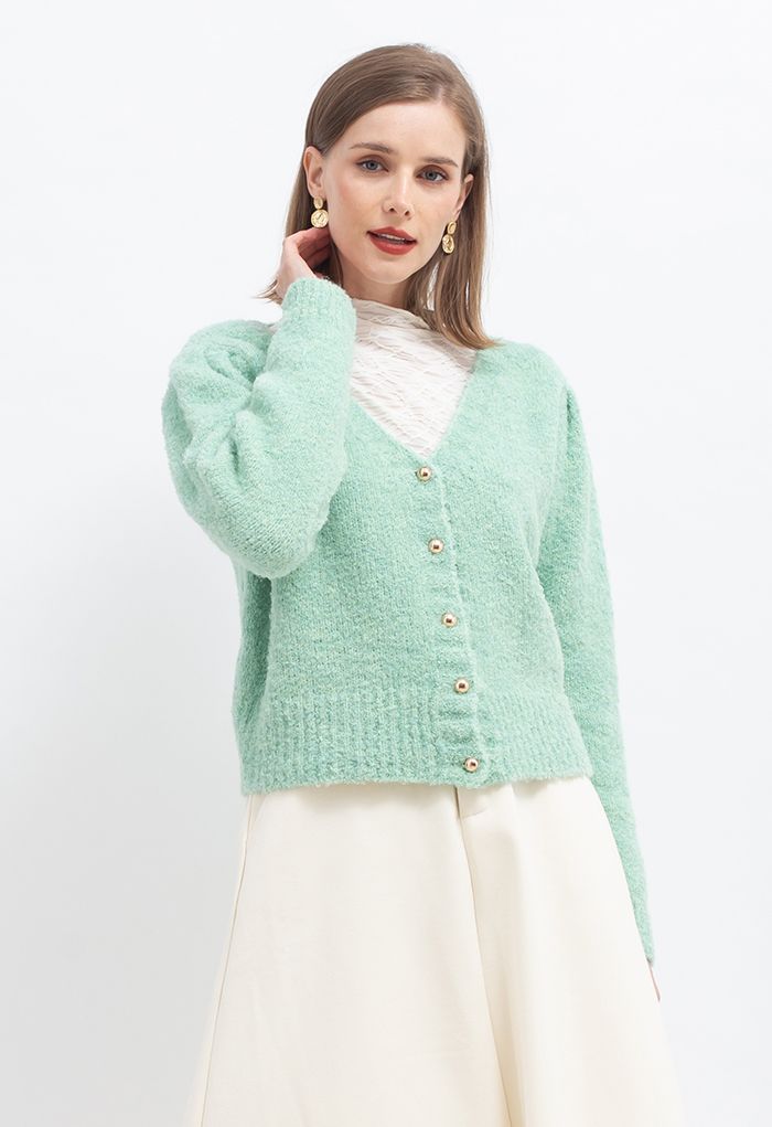 Button Front Fuzzy Knit Cardigan in Mint