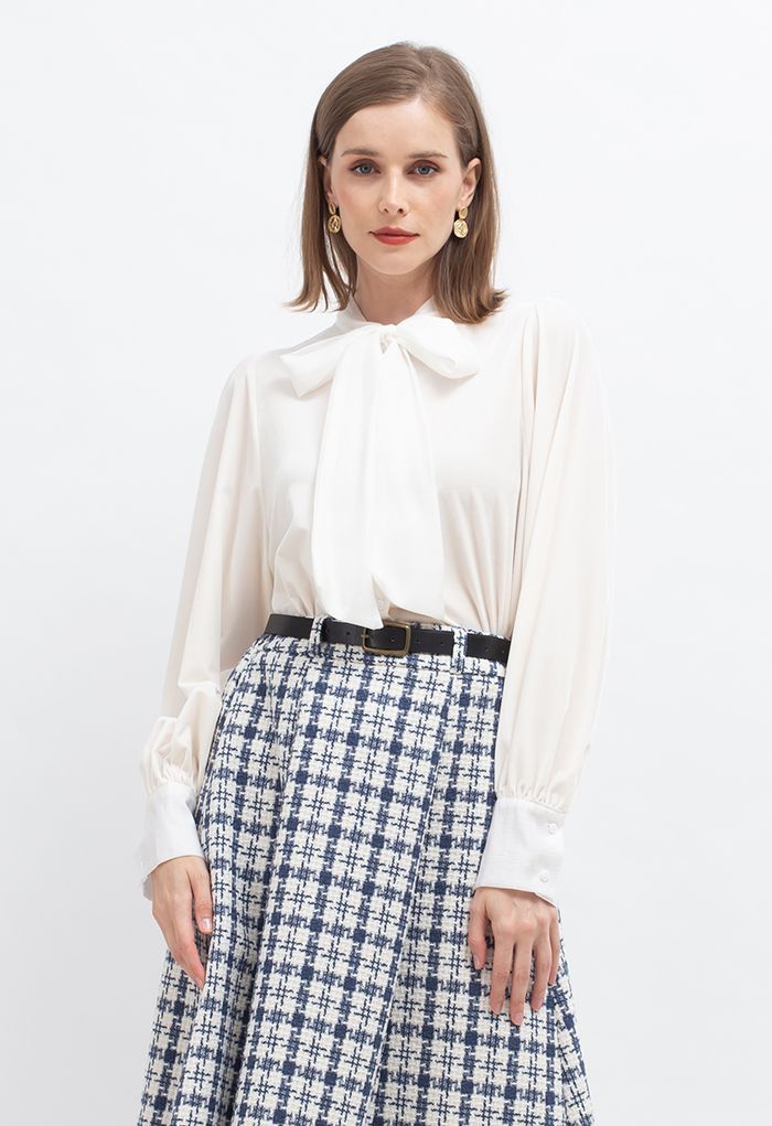 Self-Tie Bowknot Buttoned Velvet Shirt in White - Retro, Indie and ...