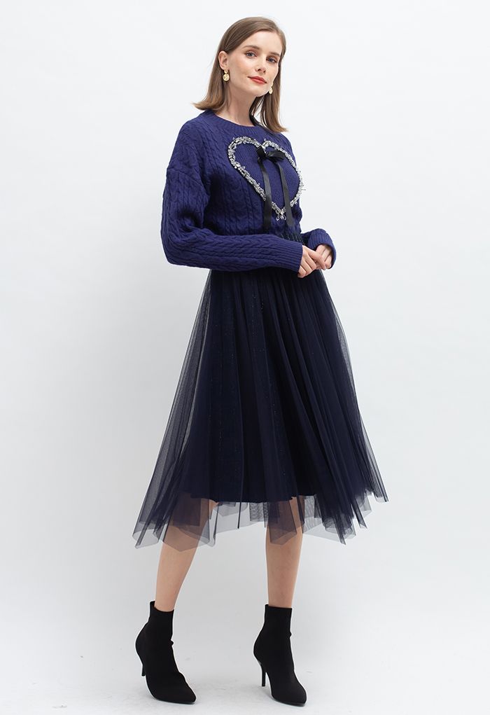 Crystal Heart Bowknot Braid Knit Sweater in Navy