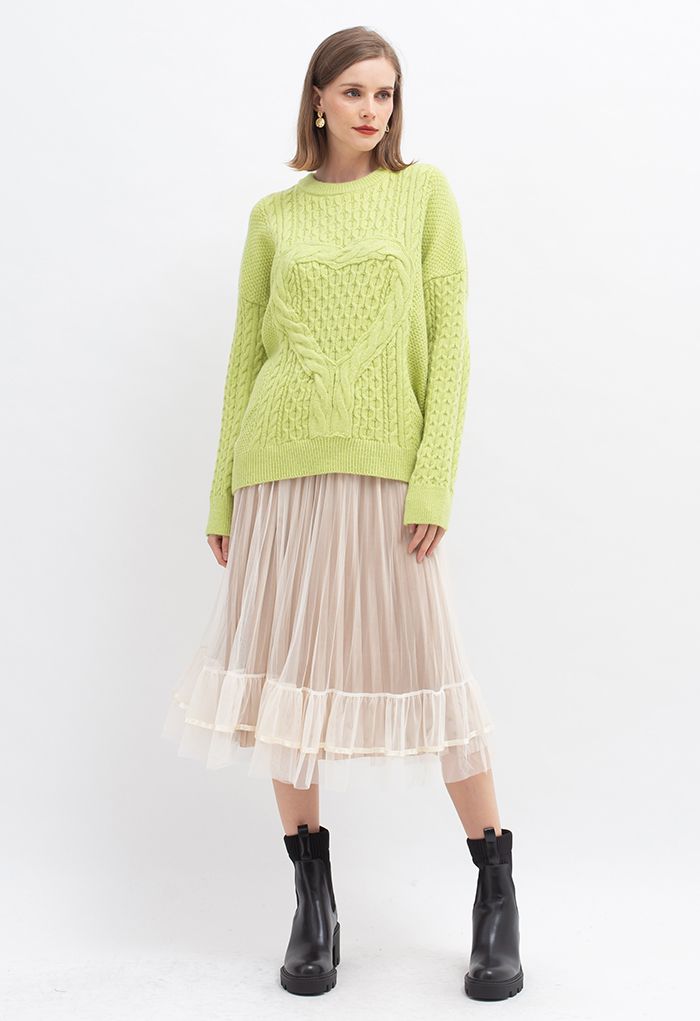 Lonely Heart Cable Knit Sweater in Neon Green
