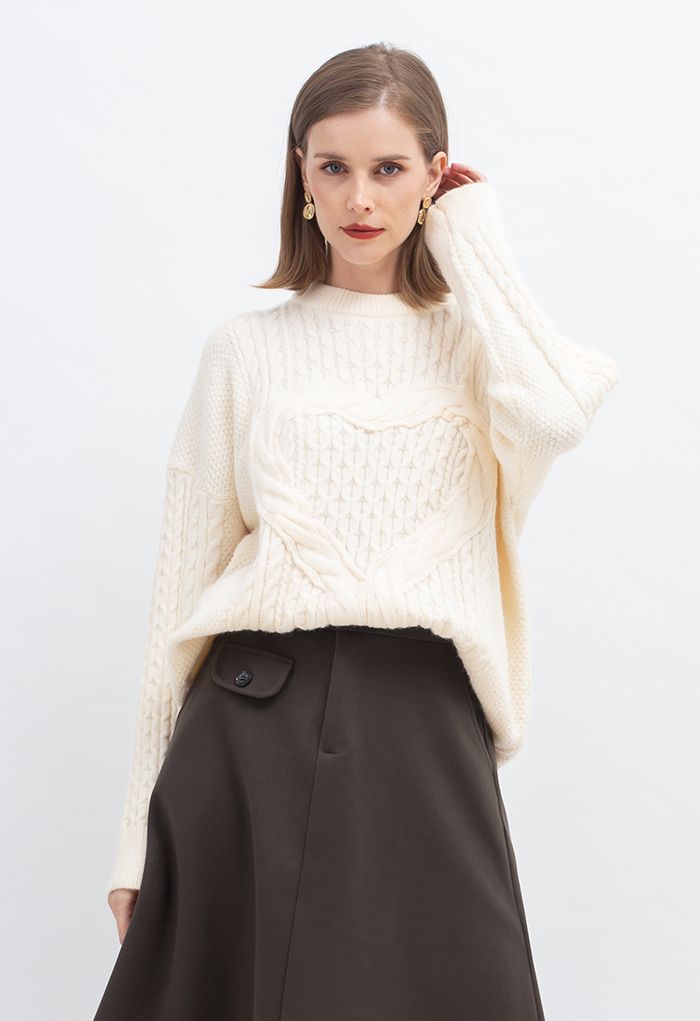 Lonely Heart Cable Knit Sweater in Cream