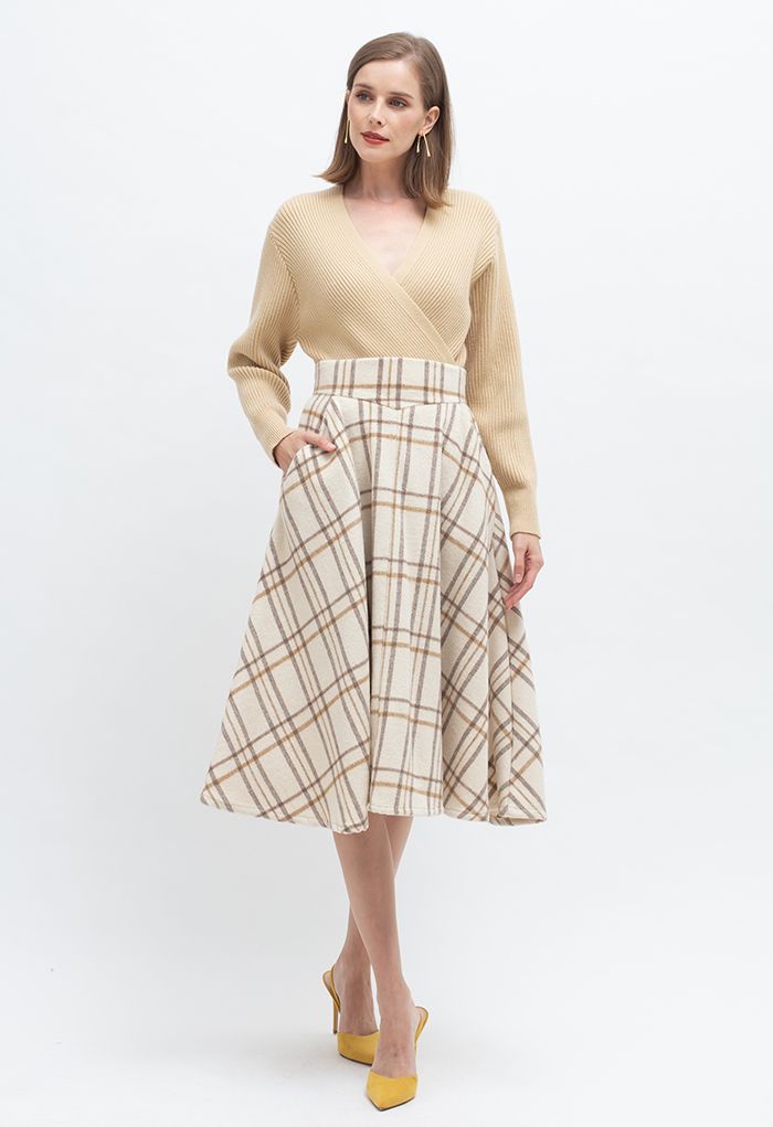 Multicolor Check Print Wool-Blend A-Line Skirt in Ivory